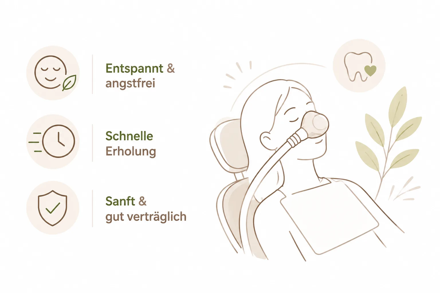 Illustration der Vorteile einer Lachgassedierung: entspannt und angstfrei, schnelle Erholung sowie sanft und gut verträglich